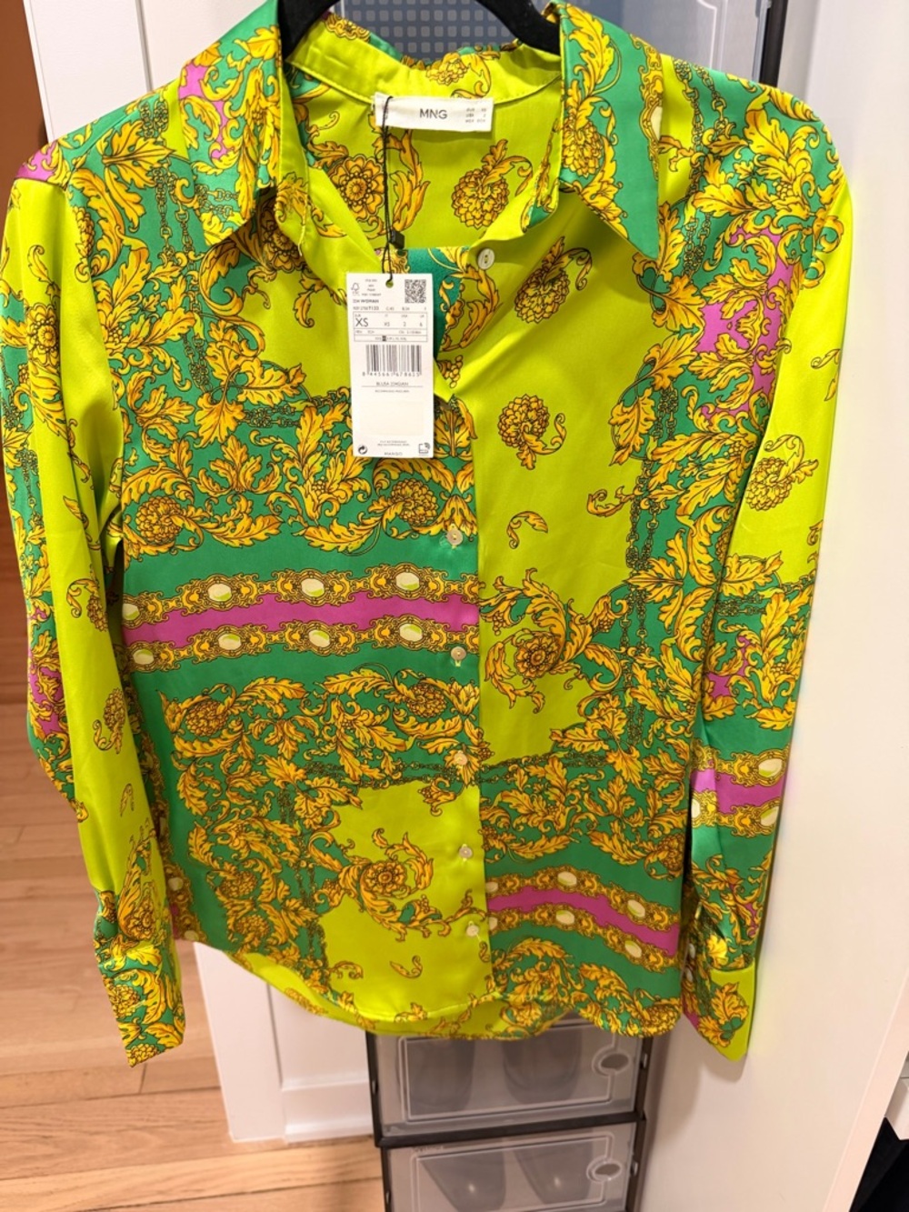 Mango Bright Green and Pink Baroque Print Satin Shirt and skirt set